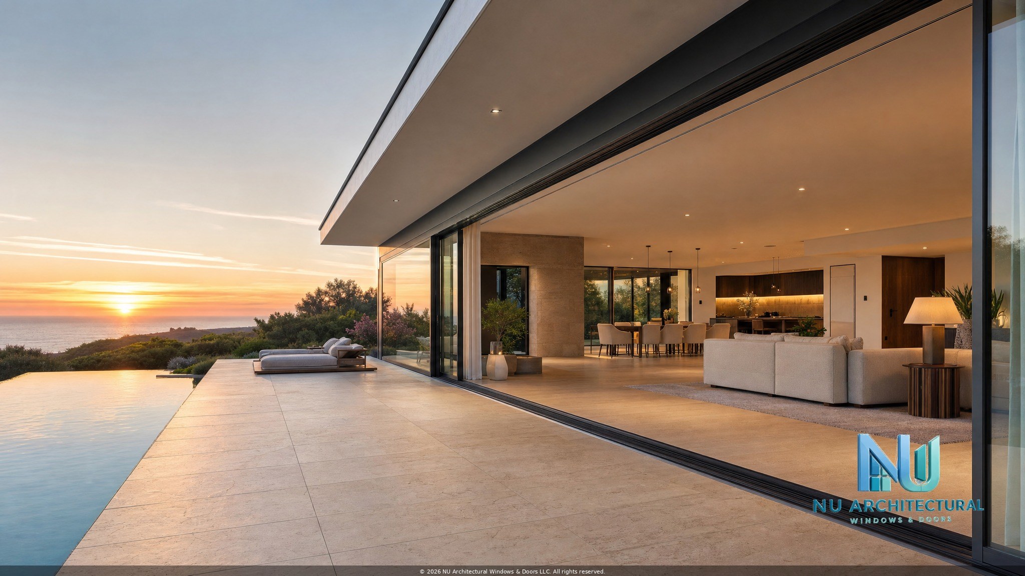 Aluminum lift-and-slide doors opening to luxury outdoor terrace