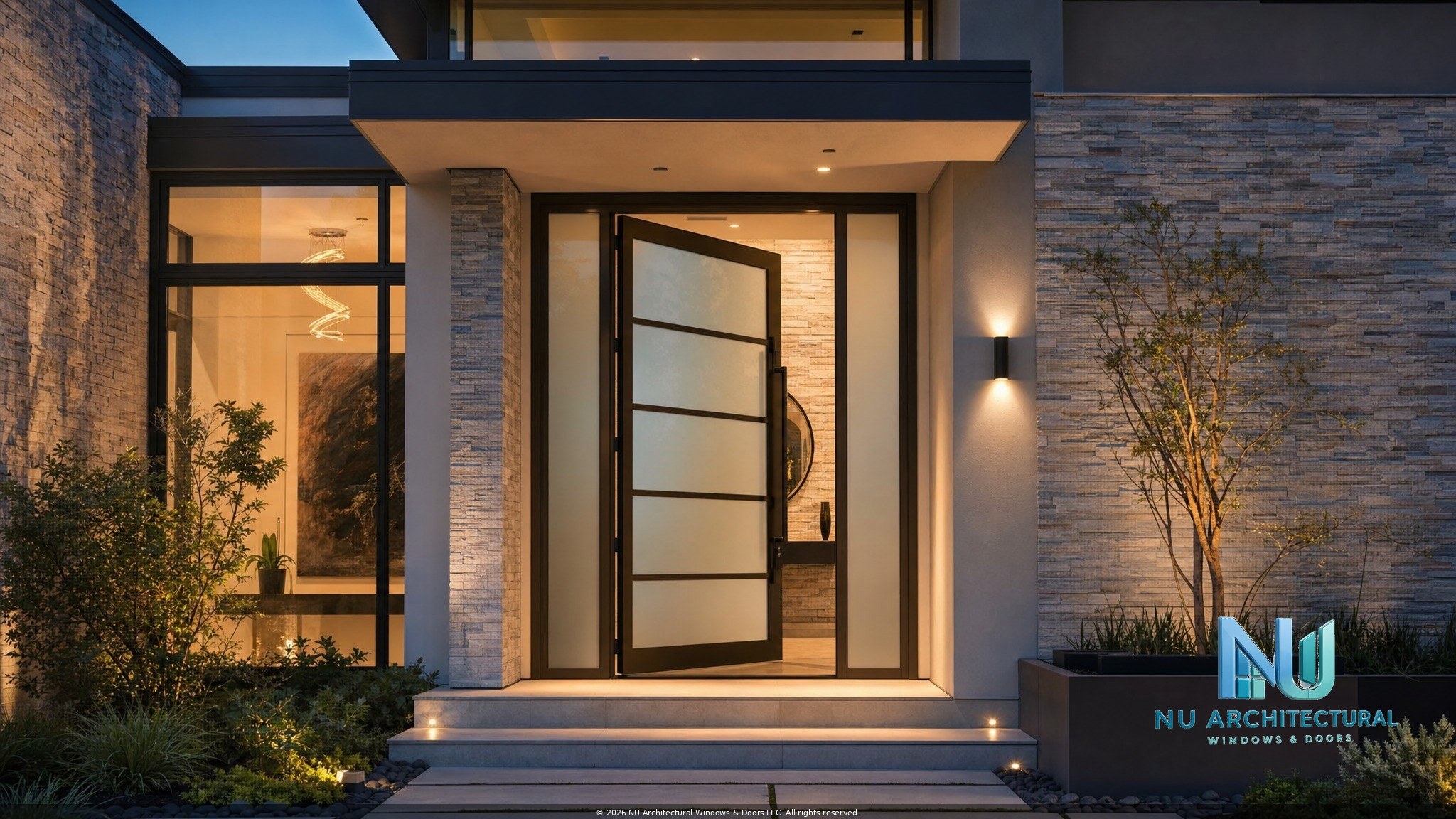 Modern aluminum pivot entry door with stone facade